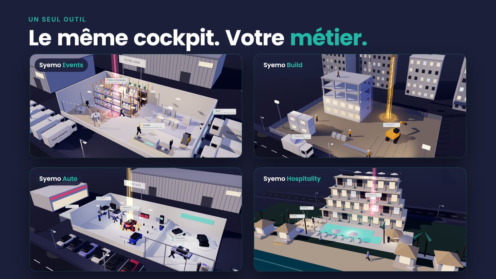 Les quatre métiers de Syemo en 3D : événementiel, chantier, garage, hôtellerie
